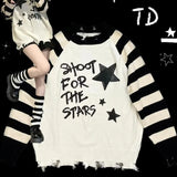 Lubintang Black White Striped Sweaters Mujer 2024 New Star Letter Print Tops Women Y2k Autumn Long Sleeve Hole Pullovers