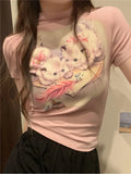 Lubintang Yellow Short Sleeved T-shirt for Women 2024 Summer Fashion Slim Fit Tee Shirt Y2k Grunge O-neck Kawaii Cat Print Tops