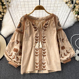 Lubintang Chic Fashion 2024 New Spring Women Vintage Long Sleeve Loose T-Shirts O Neck Embroidery Casual All Match Top Mujers