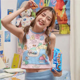 Lubintang Chic Fashion Women Cartoon Print Letter Tank Top Sweet Cool Girls Sleeveless Casual All Match Y2k Crop Tops Mujer