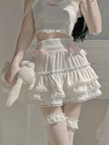 Lubintang Japanese White Lolita Cute Skirt Women Lace Bow Korean Kawaii Sweet Skirt High Waist Elegant Princess Fairy Skirts 2024