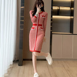 Lubintang Spring Pullover Knitted Sweater Dress Women Korean Fashion Vintage Round Neck Plaid Red Black Dress Robe Femme Vestidos