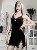 Lubintang Cross Black Mini Dress Vintage Sexy Spaghetti Strap High Waist Slit Dresses Goth Party Club Women Dress