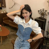 Lubintang Chic Fashion Women Denim Patchwork Shirts Spring Vintage Slim Short Sleeve Zipper Blouse All Match Tops Ropa Mujer