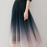 Lubintang Elegant Tulle Skirts Women High Waist Gradient Mesh Pleated Midi Skirt Korean Elastic Loose Casual All Match A Line Skirt