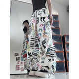 Lubintang Vintage Print High Waist Women Pants Chic Fashion Harajuku Drawstring Wide Leg Trousers Loose All Match Pantalones