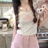 Lubintang Summer New O-neck Cotton T-shirts Kawaii Cat Print Sweet Fresh Slim Fit Tops Women Y2k E-Girl Short Sleeve Tee Shirt