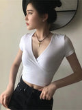 Lubintang Sexy Women Slim Crop Top Tees T Shirt Low Cut Short Sleeve Solid Female Teenage Girls Femmes T-Shirt Cross Wrap