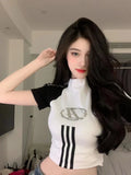 Lubintang Chic Fashion Women Y2k Short Sleeve T-Shirts Streetwear Summer High Collar Slim Stripe Contrast Color Crop Tops Mujer