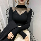 Lubintang Sweaters for Women Sexy Knitwear Jumper Tops Pull Femme Patchwork Gauze See Throught Tunic Knitted Pullovers