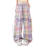 Lubintang Spring Drawstring High Waist Women Pants Chic Fashion Harajuku Wide Leg Trousers Plaid Pocket Patchwork Pantalones