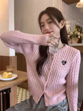 Lubintang Chic Korean Fashion Twist Long Sleeve Knitted Cardigans Women Heart Embroidery Sweet Sweater Coats Tops Ropa Mujer