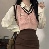 Lubintang Sweet Pink Knitted Vest for Woman 2024 Autumn New V-neck Sweater Vests Y2k Grunge Slim Fit Sleeveless Tops Mujer