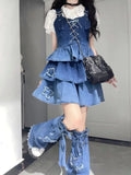 Lubintang Chic Fashion Lace Women Blouse+Bandage Pleated Denim Dresses+All Match Star Leg Warmer Sweet Cool Y2k 3 Sets Ropa Mujer