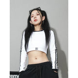 Lubintang Chic Fashion Women Y2k Long Sleeve T-Shirt Jazz Sports Cropped Striped Contrast Color Slim Streetwear Casual Top Mujer