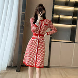 Lubintang Spring Pullover Knitted Sweater Dress Women Korean Fashion Vintage Round Neck Plaid Red Black Dress Robe Femme Vestidos