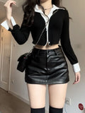 Lubintang Fake Two Piece Lapel Neck Long Sleeve Tops Women+ Y2k High Waist Pu Black Leather Skirts 2024 Spring New Sets