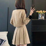 Lubintang Two Pieces Autumn Sets Chic Long Sleeve Stand Jacket + High Waist Pleats Skirt 2024 New 2 Piece Sets Womens Outifits