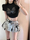 Lubintang Printed Pleated Skirts 2024 Autumn New Low Waisted A-line Skirt for Women Y2k Grunge Faldas Mujer Newspaper