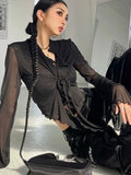 Lubintang Flare Sleeve Blouses for Women Lace-up Mesh Sexy Sweet Hot Girls Korean Fashion Style All-match Solid Design Elegant Casual