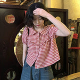 Lubintang Sweet Peter Pan Collar Shirts Women 2024 Spring New Red Plaid Blusas Mujer Y2k Grunge Puff Sleeve All-match Blouses