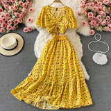 Lubintang Chic Fashion 2 Piece Women Set V Neck Floral Printed Drawstring Chiffon Crop Top+Vintage Pleated High Waist Skirt Mujer