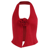 Lubintang Red Halter Tank Top Vest for Women Knitted 3D Floral V neck Button Crop Top Y2K Slim Fitted Sleeveless Shirt Tee Streetwear