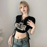 Lubintang Chic Fashion Women Summer Vintage Chain V Neck Drawstring Slim Waist Letter Print T-Shirt Streetwear Y2k Crop Top Mujer