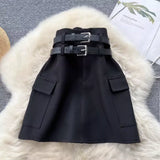 Lubintang Summer High Waist Double Belt 2024 Summer Mini Skirts Vintage All Match Pocket Patchwork Solid Harajuku Roupas Feminina