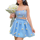 Lubintang Women Summer Knit Skirts Outfits 3D Flower Sleeveless Backless Cami Tops Short Skirt 2 Pieces Clothes Set