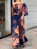 Lubintang 2024 New Vintage Floral Printed Off-The-Shoulder Shirts&elasticity Waist Wide Leg Pants Elegant 2 Piece Set For Women