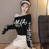 Lubintang Lazy Letter Print Sweaters Mujer Autumn Slash Neck Knitted Tops Women Y2k E-Girl Long Sleeve Bottoming Pullovers