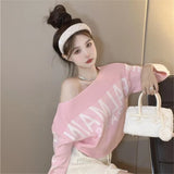 Lubintang Lazy Letter Print Sweaters Mujer Autumn Slash Neck Knitted Tops Women Y2k E-Girl Long Sleeve Bottoming Pullovers