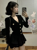 Lubintang Fashion V-nck Long Sleeve Black Knitted Cardigan+ Y2k E-Girl High Waist Ruched Short Skirts 2024 New Two Piece Sets