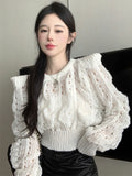 Lubintang Crop Sweater Gentle Y2k Vintage Top Women Hollow Out Long Sleeve Twisted Knit Pullover Fashion Puff 2024 Autumn New