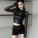 Lubintang Sexy Crop Top Black Leather T-shirts 2024 Autumn New Slim Fit Tee Shirt Y2k E-Girl Long Sleeve Mesh Tops Women