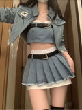 Lubintang Chic Fashion Women Streetwear Y2k Denim Jackets+Sexy Strapless Tube Tank Top+HIgh Waist Pleated Mini Skirts 3 Set Mujer