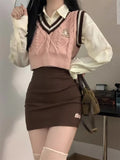 Lubintang Sweet Pink Knitted Vest for Woman 2024 Autumn New V-neck Sweater Vests Y2k Grunge Slim Fit Sleeveless Tops Mujer