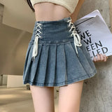 Lubintang Chic Blue Denim Skirt for Women 2024 Summer New High Waist A-line Skirts Y2k E-Girl Drawstring Bow Faldas Mujer