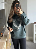 Lubintang Printed Sweatshirt Women Fade Green Vintage Graphic Hoodies Tops 2024 Autumn Winter Fashion Streetwear Hooded Sweatshirts