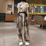 Lubintang Chic Fashion Women Wash Painting Print High Waist Chiffon Pants Streetwear Bandage Summer Loose Casual Trousers Mujer