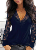 Lubintang V-neck Lace Long Sleeve T-shirt for Women Spring Winter Clothes Sexy Solid Color Black Tee Shirt Office Lady Top