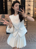 Lubintang 2024 Summer New Elegant O Neck Sleeveless Cardigan Vest Women + High Waist Pleated A-line Skirt Set Two-piece Suit