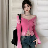 Lubintang Sexy Off Shoulder Sweaters Women Autumn Slim Fit Double Zipper Knitted Cardigan Y2k E-Girl Long Sleeve Tops Mujer