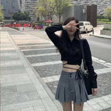 Lubintang Chic Fashion Women Solid Pleated Mini Skirts Button Up Preppy Style All Match Elegant High Waist Summer Faldas Mujer