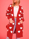 Lubintang Women Open Front Duster Sweaters Casual Heart Print Knitted Cardigans with Pockets Warm Fall Knitwear for Streetwear