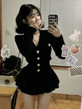 Lubintang Fashion V-nck Long Sleeve Black Knitted Cardigan+ Y2k E-Girl High Waist Ruched Short Skirts 2024 New Two Piece Sets