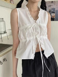 Lubintang Simple V-neck Lace Up Slim Fit T-shirts Summer Ruched Fungus White Tees Tops Y2k E-Girl Sleeveless Vest Blouse Shirts