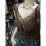 Lubintang Retro Brown Textured Lace T-shirt for Women 2024 Summer V-neck Bow Tees Y2k E-Girl Slim Fit Short Sleeve Tops Female