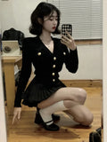 Lubintang Fashion V-nck Long Sleeve Black Knitted Cardigan+ Y2k E-Girl High Waist Ruched Short Skirts 2024 New Two Piece Sets